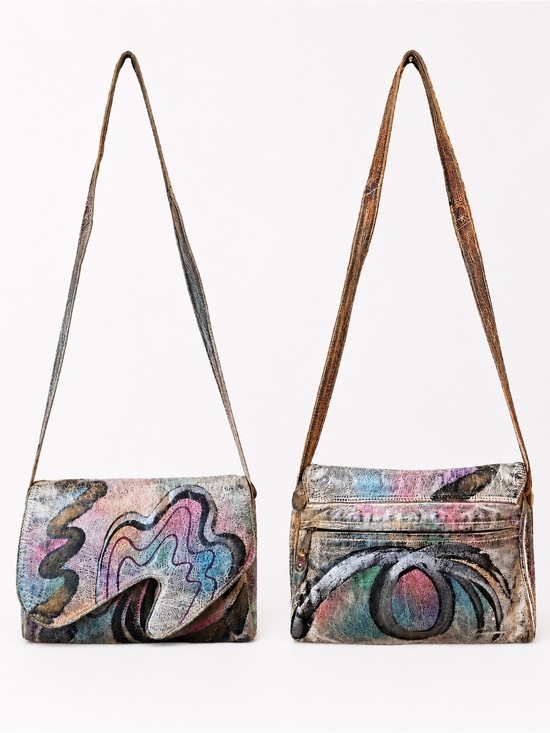 Vintage Handbags - OOAK VTG 80s Custom Brit Rosen Leather Shoulder Bag Purse Hand Painted Signed